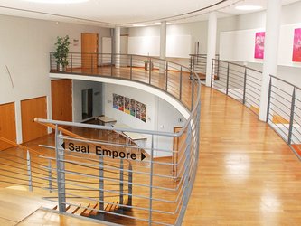 Saal Empore mit habrundem Weg und Treppe